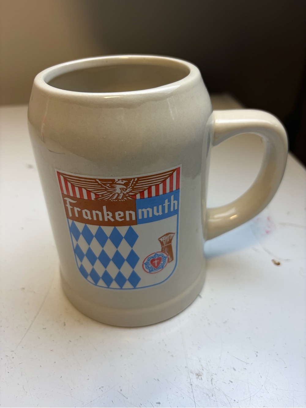 Ceramic Frankenmuth Beer Stein Mug - Cream with Blue Crest